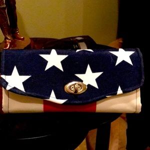 American red, white and blue clutch wallet with strap